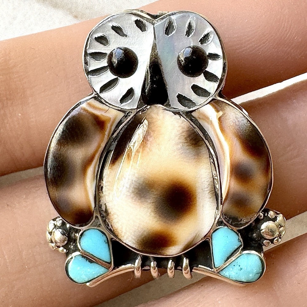 Zuni Inlay Barn Owl Pendant Pin Sterling Turquoise Native Amer Signed Bird